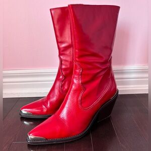 Zara Leather Cowboy Boots in Red, size 39
